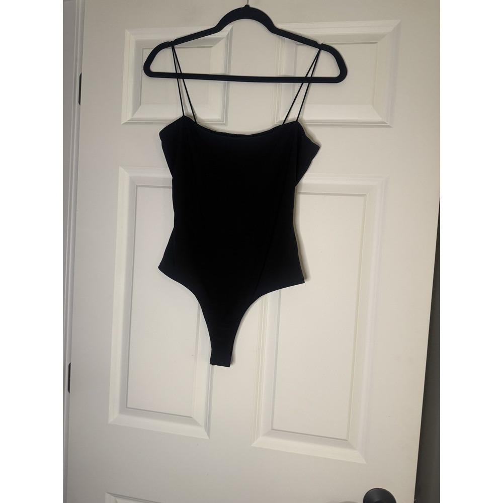 Akira Spaghetti Strap Drape Neck Thong Bodysuit Medium Black